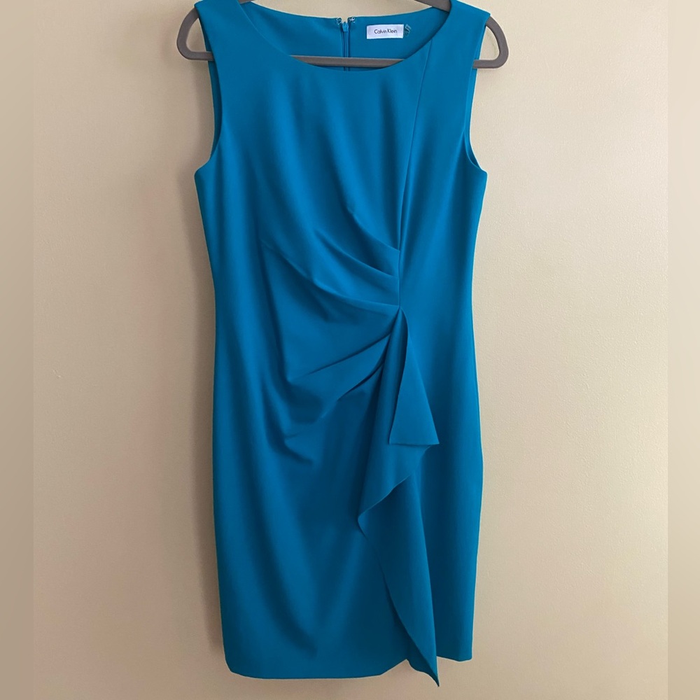 NWOT Calvin Klein Teal Sleeveless Dress w/Ruched Waist and Zipper Back - Picture 2 of 8